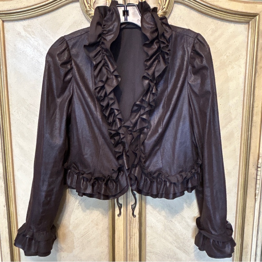 INC Brown Faux Suede Leather Look Ruffle Cropped Jacket